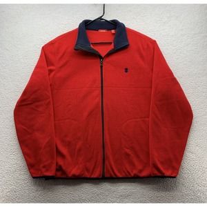 Izod Fleece Jacket Mens Large Full Zip Red Navy‎ Blue Preppy Casual Winter Dad